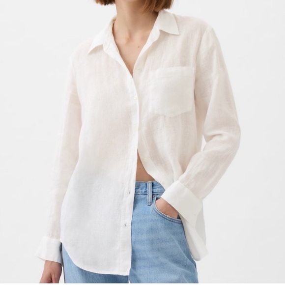 GAP optic white linen Oversized Boyfriend shirt size Large Tall - Picture 3 of 14